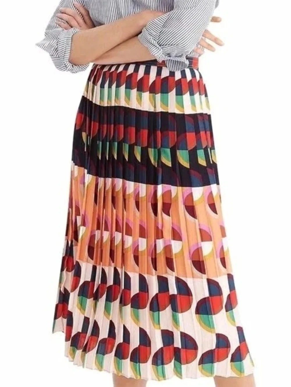J.Crew Pleated Multicolor Geometric Art Retro Print Midi Skirt Peach Navy 6 - Picture 2 of 14